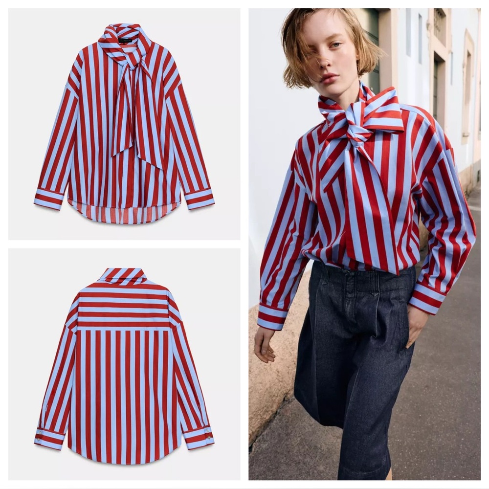 ZARA BOW NECK STRIPED SHIRT - Picture 6 of 16